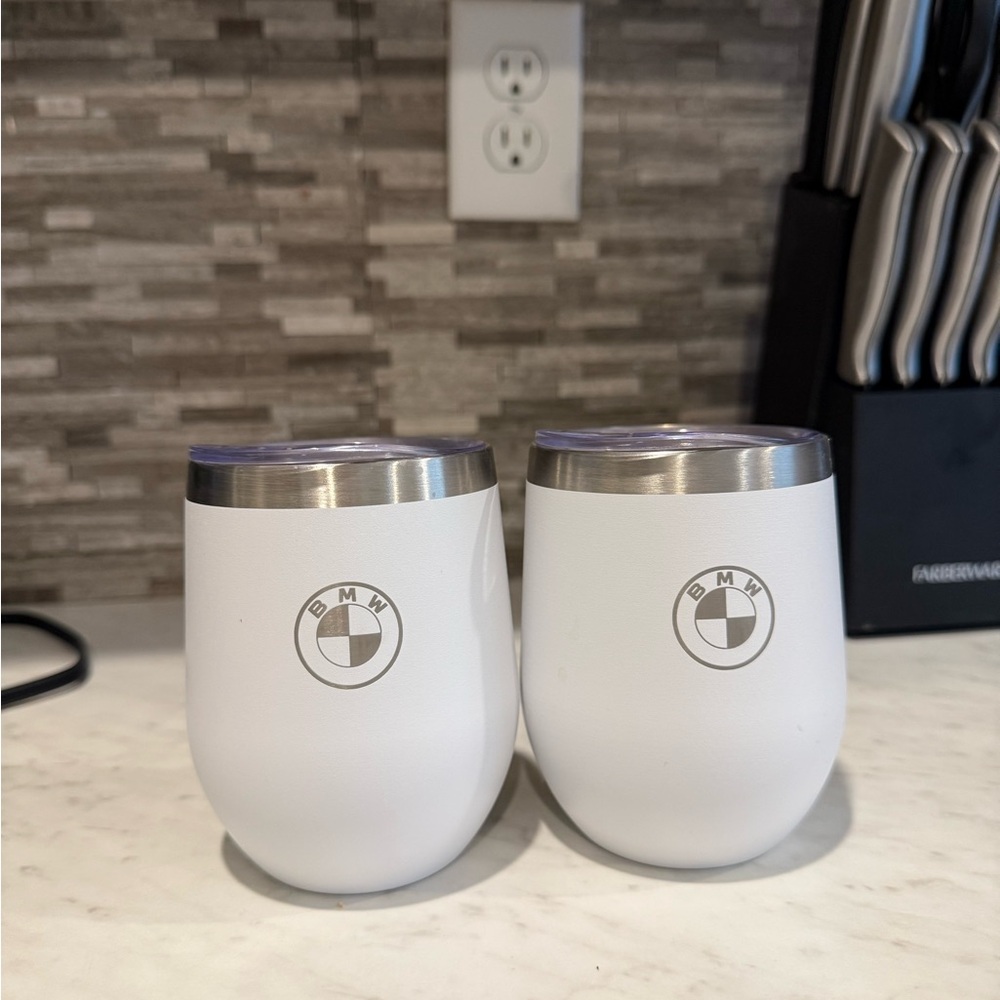 2 pack -BMW White and Silver Stemless Metal with Lid